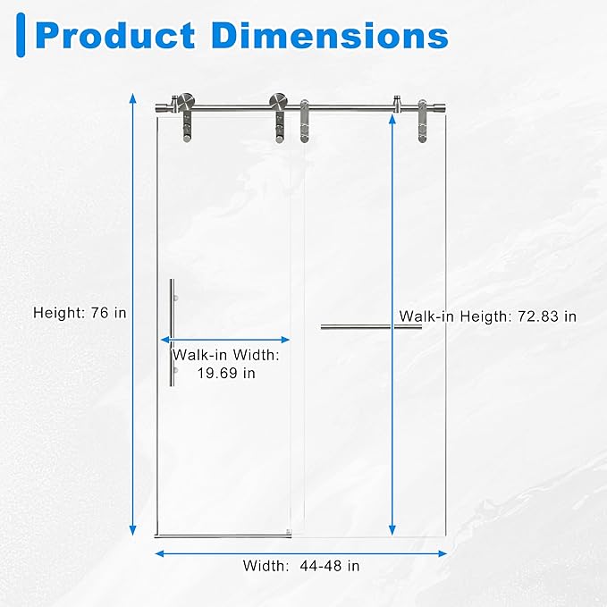 44-48" W x 76" H Frameless Shower Door Bathroom Sliding Shower Door 5/16"(8mm) Thick Tempered Glass Shower Door with Double Stainless Steel Handles for Walk-in Shower, Brushed Silver