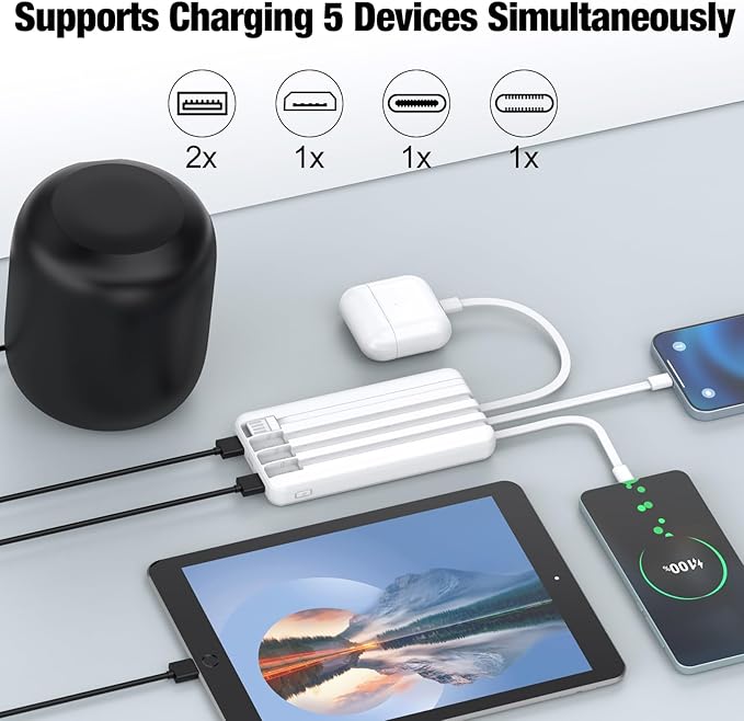 Portable Charger with Built in Cables,High Speed Power Bank 10000mAh Travel Battery Pack 5 Outputs 3 Inputs Portable Phone Charger Backup Battery for iPhone, Samsung, iPad,Tablets (White)
