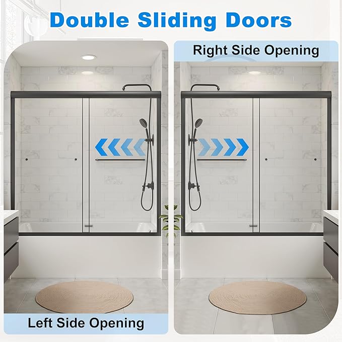 56-60" W x 58" H Bathtub Door Bathroom Tub Shower Door 1/4"(6mm) Thick Tempered Glass Shower Door with Stainless Steel Handle for Bathtub, Matte Black