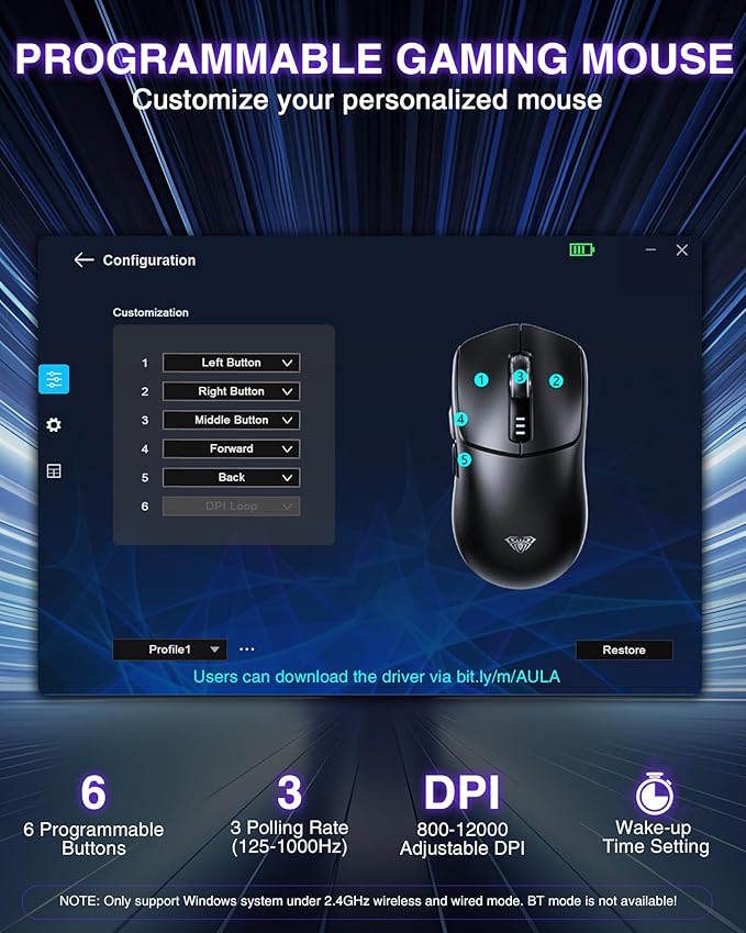 AULA SC580X Wireless Gaming Mouse, Tri-Mode 2.4G/BT5.0/USB-C Gaming Mice with 12000 DPI, 6 Programmable Buttons, Rechargeable Computer Mouse for Laptop/PC/Mac/Tablet