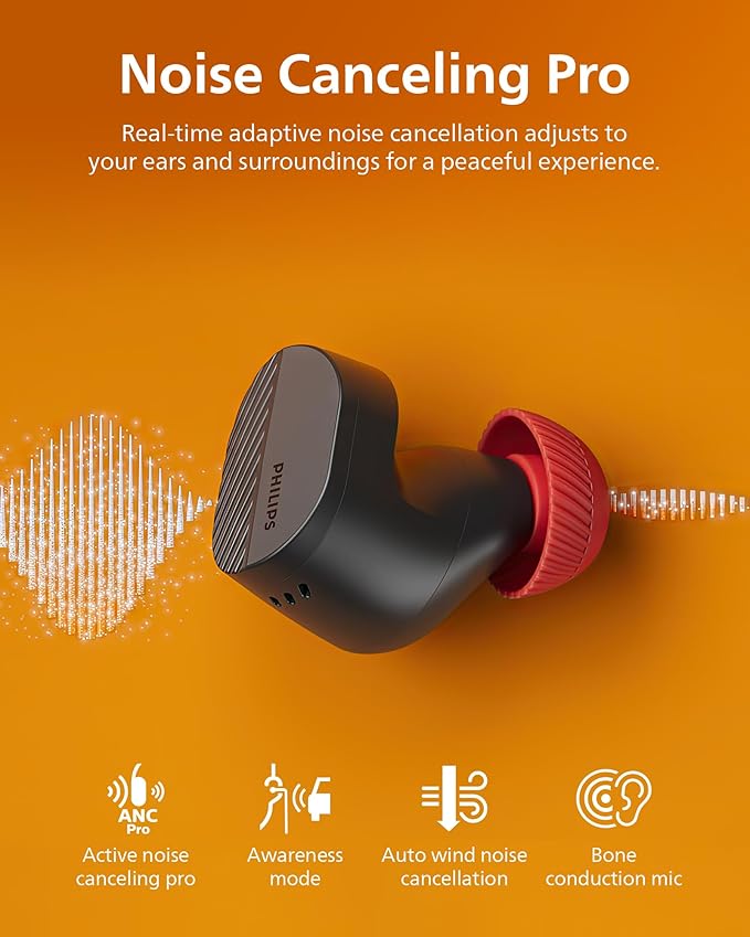PHILIPS TAA5508 Wireless Earbuds,True Wireless Headphones with Noise Canceling Pro,Quality Sound,28 H Battery Life,Fast Charging,Bluetooth 5.3,Multipoint Connectivity,IPX5,for Sports,App Control,Black