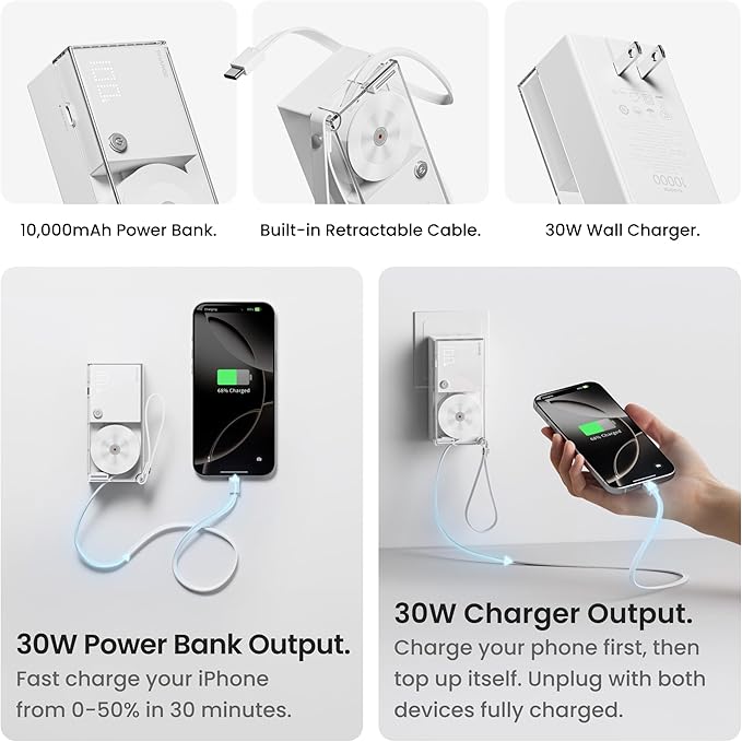3 in 1 Portable Charger Power Bank 10000mAh with Built-in Retractable Cables and Foldable Wall Plug, 30W Max Travel Essentials Battery Pack Fast Charging Powerbank for iPhone 17 16 15 14 Pixel