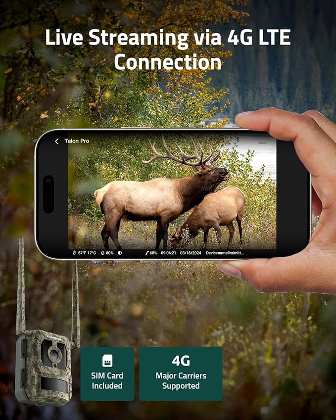 True 4K 4G LTE Cellular Hunting Camera Outdoor with Battery Pack, 0.2s Trigger Speed, Game or Trail Camera with GPS, Non-Glow IR Night Vision, SIM Card, Motion Capture, Talon Pro+BP-10