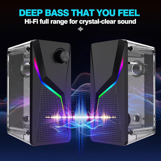 Computer Speakers, PC Speakers for Desktop with 6 Lighting Modes, PC Gaming Accessories, Stereo Sound Desktop Computer Speakers with 2 Bass-Boost Ports, USB Powered 3.5mm AUX Cable