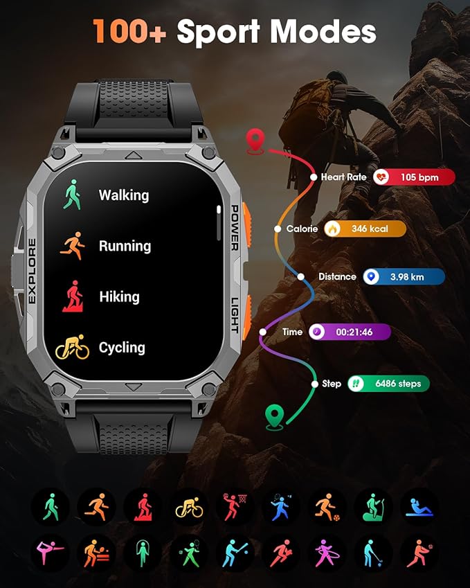 Military Smart Watches for Men (2 Straps), 2.01" HD Smartwatch with 1000 mAh Battery, Answer/Make Call, Led Flashlight, Heart Rate/Sleep Monitor, 100+ Sport Modes Fitness Tracker for Android/iPhone