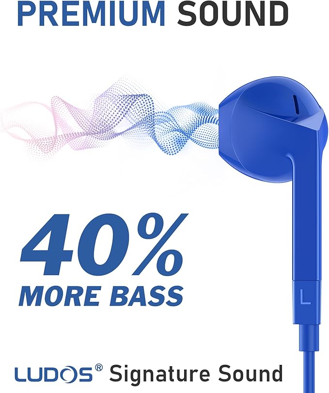 LUDOS FEROX Wired Earbuds in-Ear Headphones, 5 Years Warranty, Earphones with Microphone, Noise Isolation Corded for 3.5mm Jack Ear Buds for iPhone, Samsung, Laptop, Kids, School Students - Blue