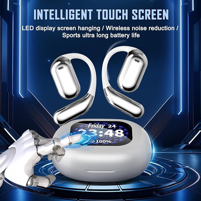 Open Ear Earbud Wireless Bluetooth 5.4 Earbuds,Intelligent Touch Screen Headphones,50H Playtime,Ergonomic Ear Hook,Built-in Mic,LED Display Charging Case,for Sport Running Fitness (Silver)