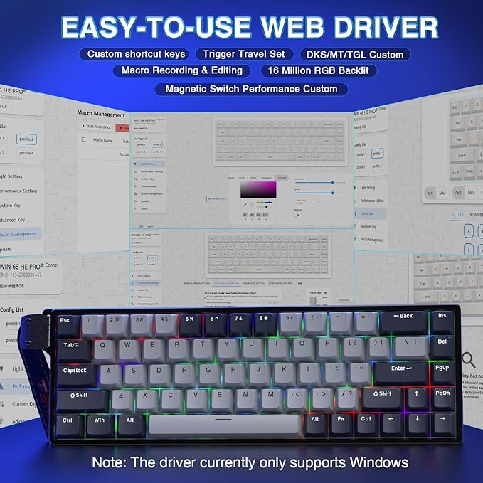 AULA WIN68 HE PRO - Hall Effect Gaming Keyboard with Magnetic Switch, Fast Trigger Mode Adjustable Actuation, 8KHz Polling Rate, Wired RGB Backlit Mechanical Gaming Keyboard 60 Percent Compact Design