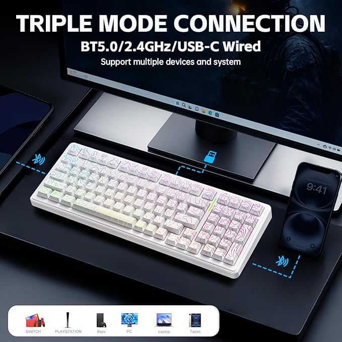x AULA F99 Keyboard Gaming, Wireless Mechanical Keyboards, Hot Swappable Custom Creamy White Keyboard, RGB Backlit PC Gaming Keyboards,BT5.0/2.4GHz/USB-C,Topographic Side-printed Keycaps,LEOBOG Switch