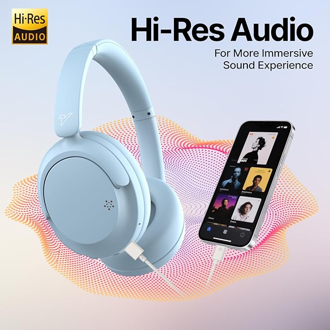 VOKALEN Hyper GO Wireless Over-Ear Noise Cancelling Headphones with Mic, 60H Playtime, Bluetooth Headset, Hi Res Audio, Deep360 Spatial Audio, Ultra-Lightweight for Travel, Work, Study (Sky Blue)