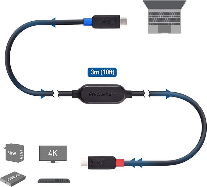Cable Matters Unidirectional 10Gbps Active USB C Cable 10 ft, Supports Up to [4K@60Hz Video, 60W Charging, 10Gbps Data Transfer] for Apple Vision Pro, Meta Quest 3 VR Headset, Portable Monitor