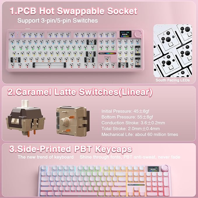 AULA F108 PRO - Wireless Mechanical Keyboard with Screen & Knob,Full Size Keyboard with 8000mAh Battery,Pre-lubed Switches,Side Printed PBT Keycaps,RGB Backlit Hot Swappable Custom Gaming Keyboards