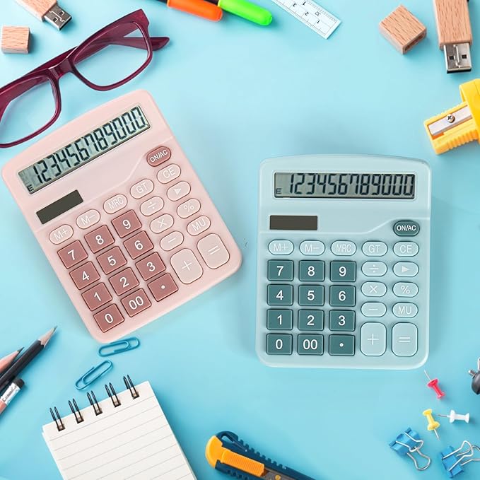 4 Pack Handheld Desktop Calculators, Solar Battery Dual Power Basic Calculator 12 Digit Large Display, Standard Functional Desk Calculator Big Sensitive Button for Office Home School Pink Blue