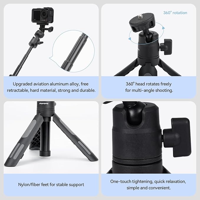 Portable Cell Phone Tripods & Desktop Tripod & Extendable Selfie Stick (18-45cm), 360° Phone Clip & Cold Shoe Mounts - for iPhone/Samsung/GoPro/DJI/Canon/Sony Cameras/Lights
