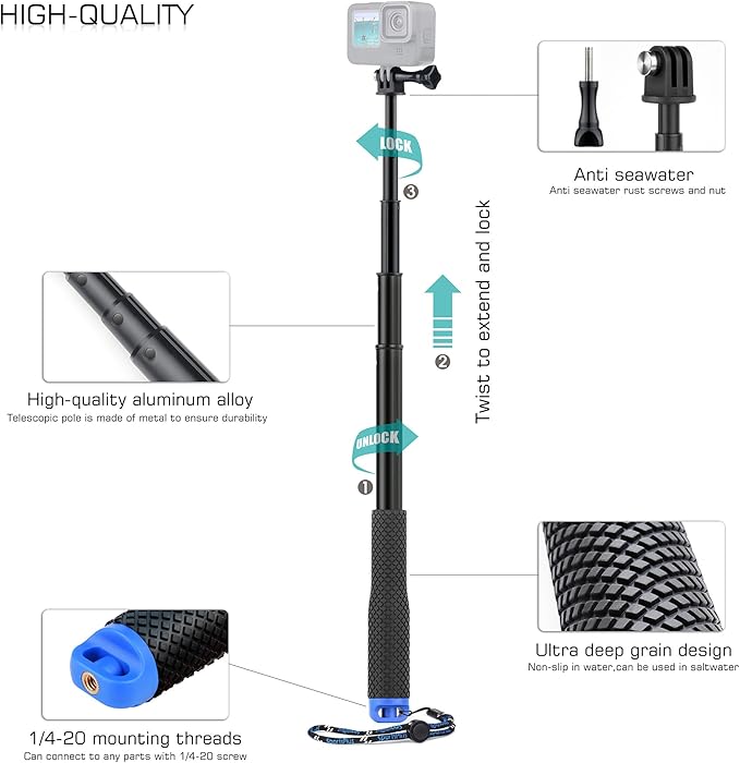 46''Alumium Waterproof Selfie Stick with 1/4 Thread Hole Underwater Pole Handle Grip Monopod for GoPro Hero 13 12 11 Max Insta360 AKASO DJI OSMO Action Cameras Accessories