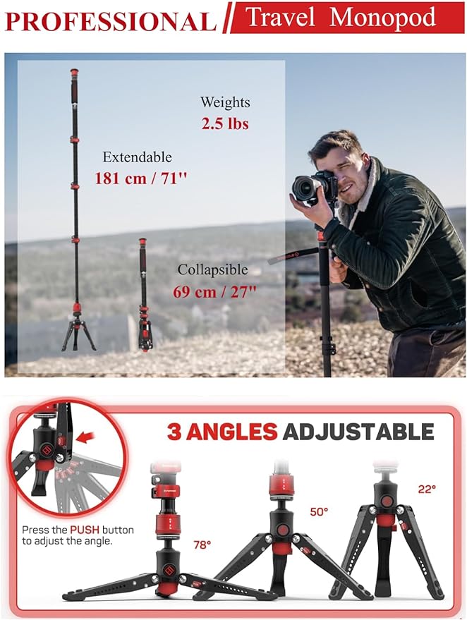 IFOOTAGE 71" Carbon Fiber Monopod Cobra 3 C180F, Camera Monopod Lightweight for Travel, Professional Video Monopod with Tripod Base, Max Load 10KG