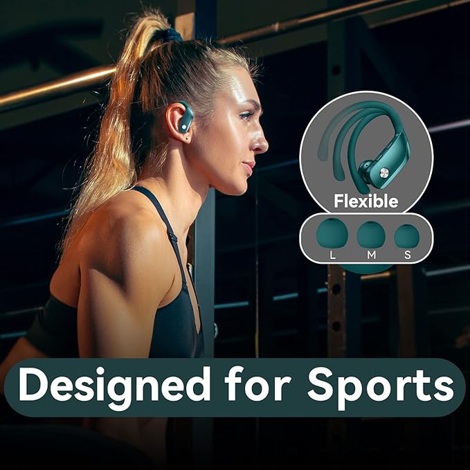bmani Ear Buds Wireless Earbuds Bluetooth Headphones with 80H Playtime LED Display Case, Over-Ear Hook with Mic, Stereo Sound, Easy Button Controls, Sports Earphones for Running Workout Gym Green