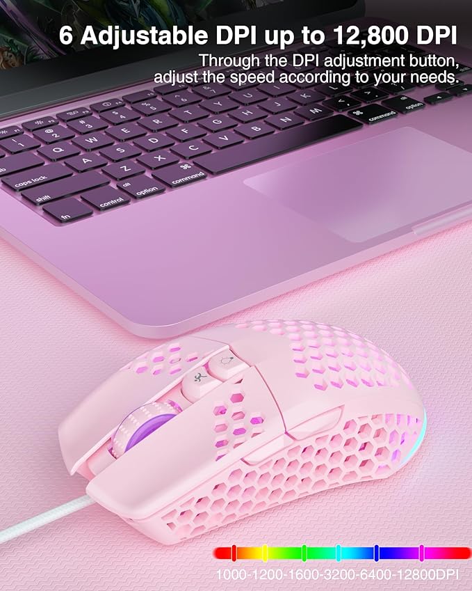 SM900 Pink Wired Gaming Mouse with Honeycomb Shell,12800 DPI,7 Programmable Buttons,Lightweight Gaming Mice Ergonomic Computer Mouse Gaming for Windows/PC/Mac/Laptop Gamer