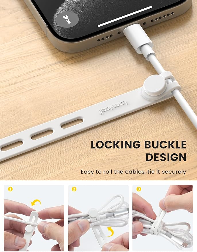 10Pack Silicone Cable Ties Cord Organizer - Lamicall Elastic Wire Ties Management, Desktop Travel Must Haves, Desk Home Office Workspace Accessories, Dorm Room Essentials, White Cord Keeper for Cables