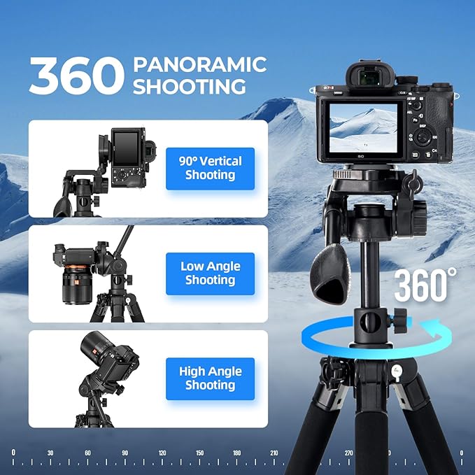 Ambitful 62" Professional Camera Tripod, Black - Removable Horizontal Mount for DSLR/Phone/Camcorder/Spotting Scopes, Tall Video Recording