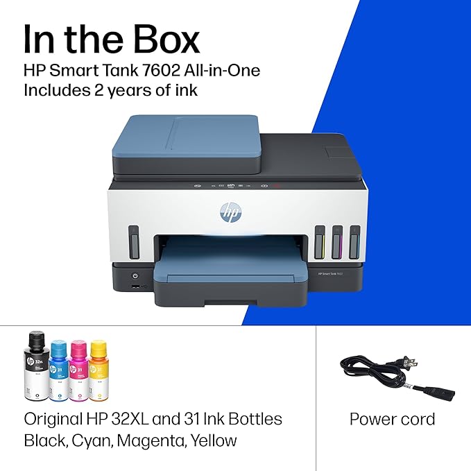 HP Smart Tank 7602 Wireless All-in-One Ink Tank Printer, Scanner, Copier with 2 years of ink included, Best-for-home office, Refillable, AI-enabled (28B98A)