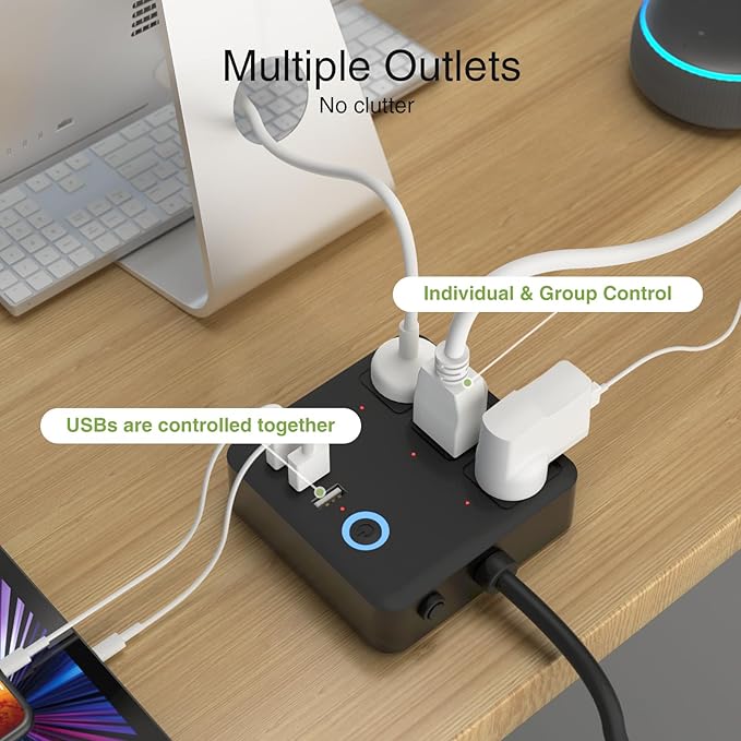 GHome Smart Power Strip with 3 USB Ports & 3 Smart Outlets Plugs That Work with Alexa & Google Home, WiFi Surge Protector, Flat Plug for Home Office Travel, 10A