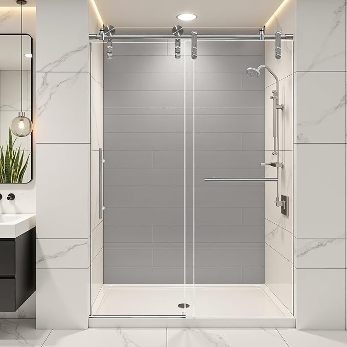 50-54" W x 76" H Frameless Shower Door Bathroom Sliding Shower Door 5/16"(8mm) Thick Tempered Glass Shower Door with Double Stainless Steel Handles for Walk-in Shower, Brushed Silver