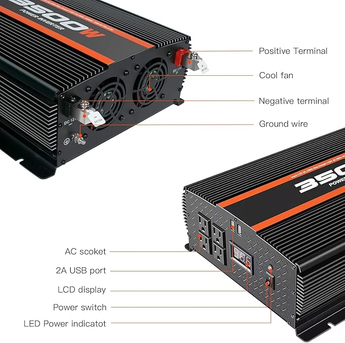 3500W Inverter 12V DC to 110V AC Converter for Home, RV, Truck, Off-Grid Solar Power Inverter with Built-in 5V/2.1A USB, AC Hardwire Port, Remote Controller