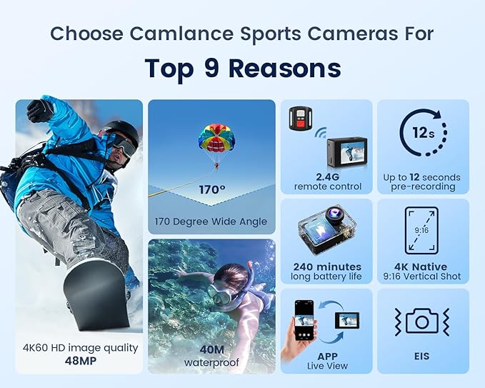 4K 60FPS Action Camera with 64GB Card-48MP Waterproof Camera,40M Underwater Camera,8X Zoom,EIS Stabilization,WiFi,Remote Control,MotorcycleCamera with 2 Rechargeable Batteries