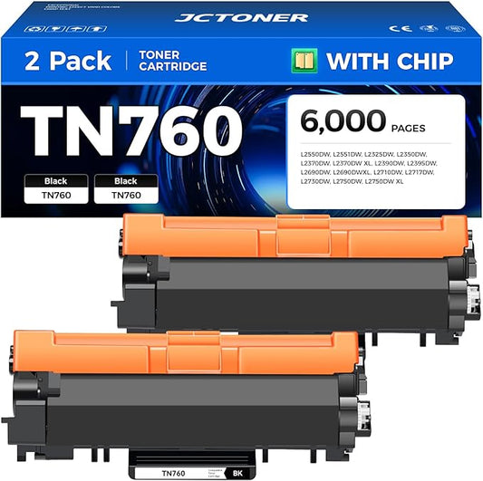 TN760 Black Toner Cartridge 2-Pack Compatible Replacement for Brother TN-760 TN730 TN-730 MFC-L2710DW MFC-L2750DW HL-L2350DW DCP-L2550DW HL-L2395DW HL-L2370DW HL-L2325DW HL-L2390DW MFC-L2690DW Printer