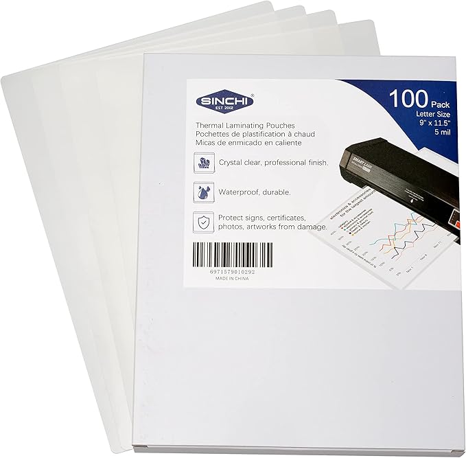 SINCHI Thermal Laminating Pouches, 5 mil, Clear, 100 Pack, 9x11.5-Inches Letter Size Laminating Sheets