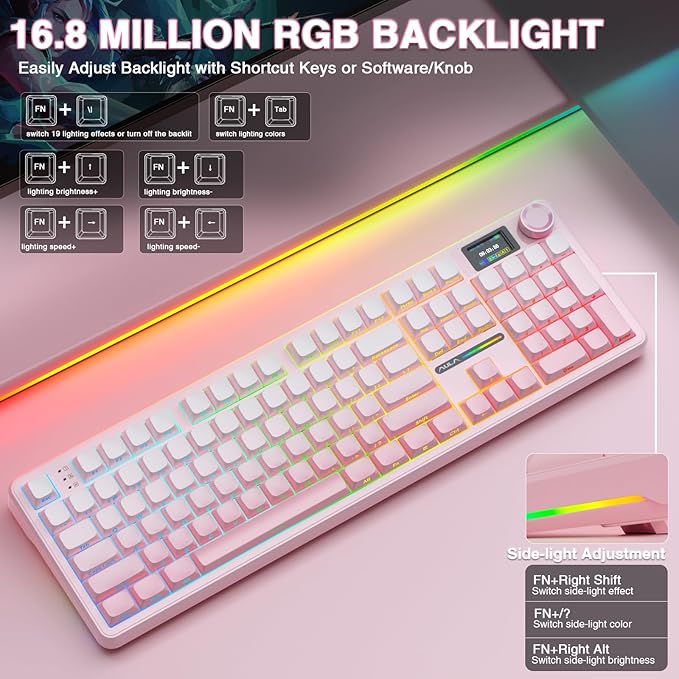 AULA F108 PRO - Wireless Mechanical Keyboard with Screen & Knob,Full Size Keyboard with 8000mAh Battery,Pre-lubed Switches,Side Printed PBT Keycaps,RGB Backlit Hot Swappable Custom Gaming Keyboards