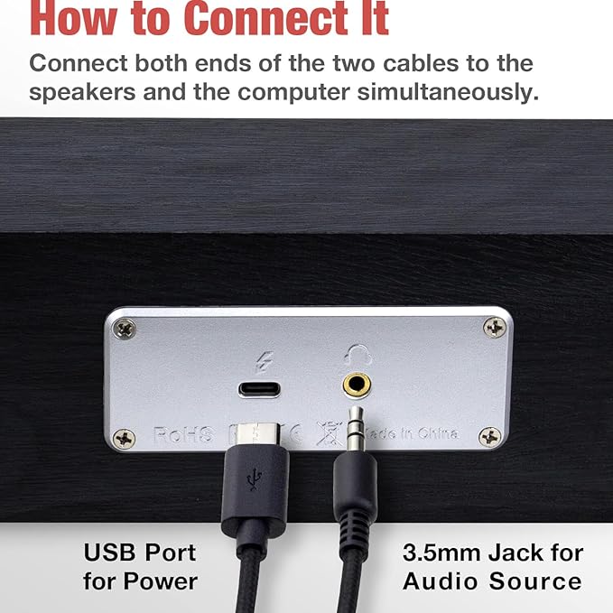 MICA Computer Speakers, Wired Computer Sound Bar, Wooden Mini Soundbar, USB Powered PC Speakers 3.5mm AUX & PC Input (Black)