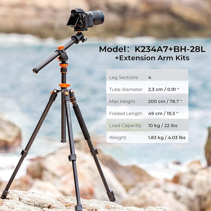 K&F CONCEPT 78 inch DSLR Camera Tripods with Magnesium Alloy Rotatable Multi-Angle Center Column,Load Capacity up to 22lbs/10kg K234A7+BH-28L+Extension Arm Kits