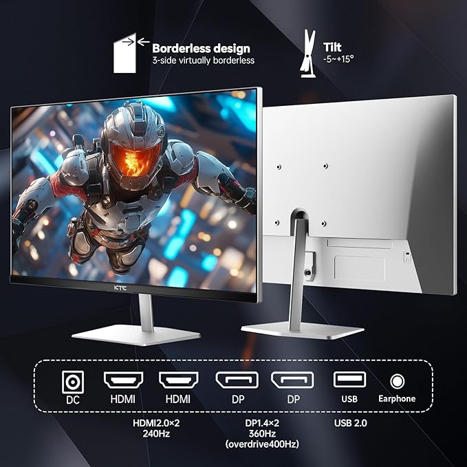 KTC 24.5 Inch 400Hz Gaming Monitor, FHD 1080P 240Hz Computer Monitor, Fast IPS, FreeSync/G-Sync Compatible, HDR400, DisplayPort x2 HDMI x2, VESA, Tilt Adjustable,H25X7