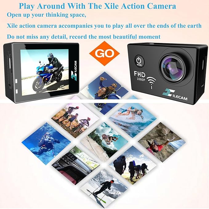 Action Camera 1080P WiFi Sports Camera 4xZoom Action Camera 40m/131ft Underwater Waterproof with 2 X1050 mAh Batteries and Multi-Function Accessory (X2T)