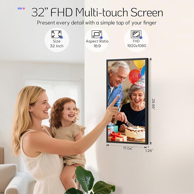 NexFoto 32 Inch Touchscreen Large Digital Picture Frame, 64GB FHD WiFi Digital Photo Frame, Add Photos from Google Photos, Easy to Share Videos, Send Greeting, Gifts for Housewarming, Black