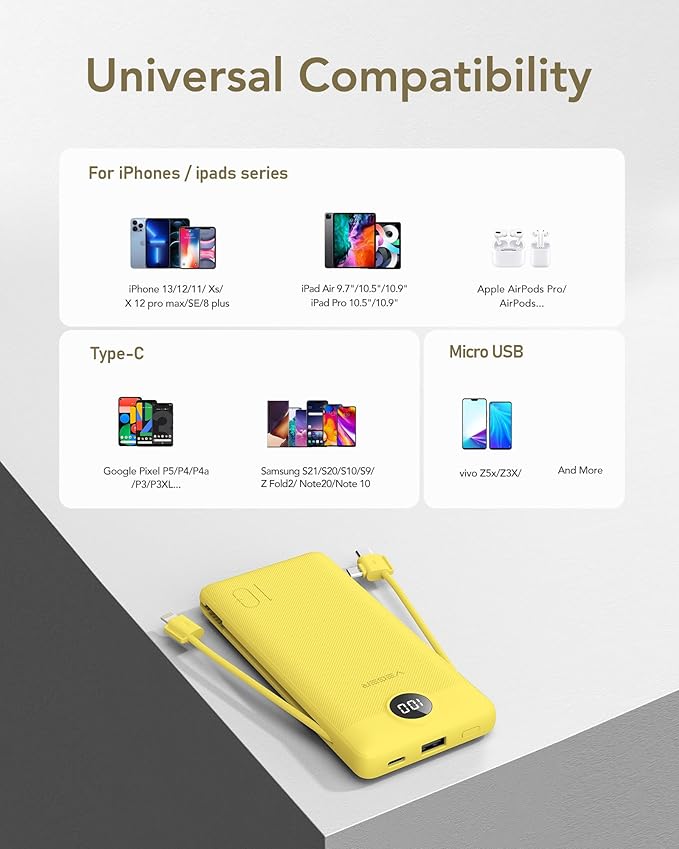 VEGER Portable Charger with Built-in AC Plug and Cables, All in One 10000mAh Ultra-Slim Power Bank, 15W Fast Charging for iPhone, Samsung, Android, Travel Essential (Yellow)