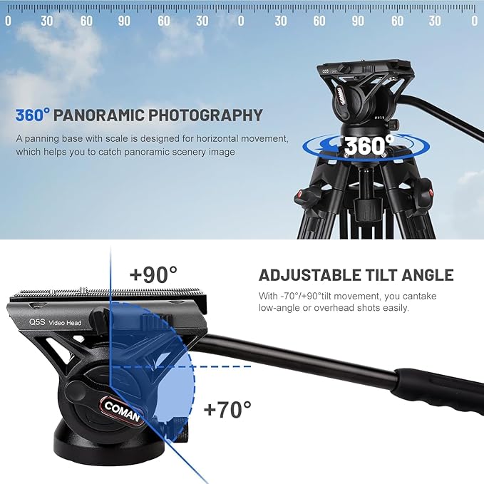 Video Tripod, COMAN 74" Professional Heavy Duty Camera Tripods with Quick Release Plate and 360° Fluid Head, Tall Travel Tripod Stand for DSLR, Camcorder, Aluminum Twin Tube Leg, Max Load:17.6lbs/8Kg