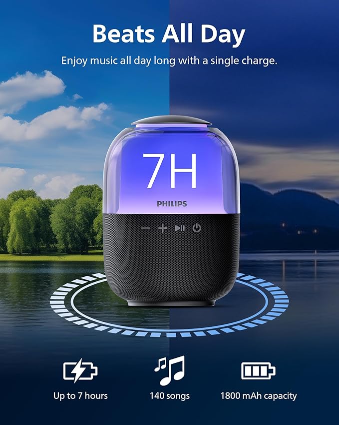 Philips S2108 Portable Bluetooth Speaker, 5W RMS, 7H Playtime, TWS Stereo Pairing, LED Light Effects, USB-C Charging – Punchy bass, Compact Wireless Speaker for Home, Outdoor, Travel