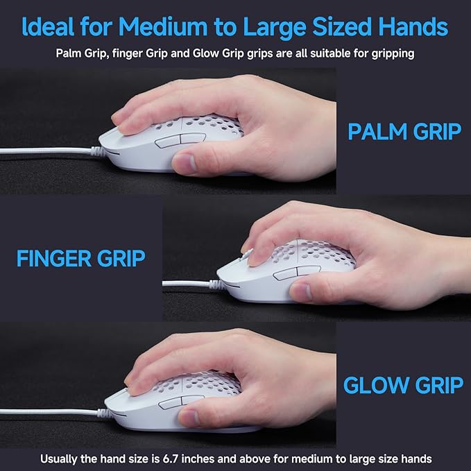 TMKB Falcon M1SE Ultralight Honeycomb Gaming Mouse, High-Precision 12800DPI Optical Sensor, 6 Programmable Buttons, Customizable RGB, Drag-Free Paracord, Ergonomic, Wired - Matte White