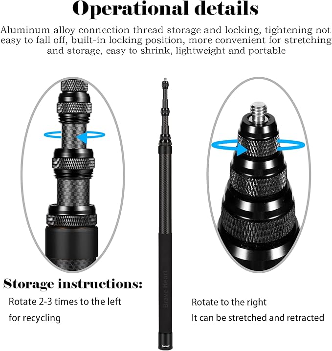 118"/3.0m Extended Long Invisible Carbon Fiber Selfie Stick for Insta360 x5 x4 Insta 360 x5 x4 x3 x2 x one rs Cameras (Black)