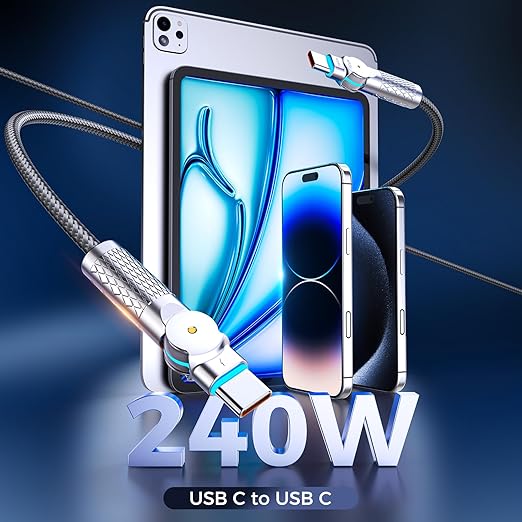 USB C to USB C Cable 6.6ft,240W 2-Pack Braided 180°Rotating Type C Charging CableFast Charge for iPhone 16/16Pro/16Plus/16ProMax,MacBook Air,iPad Pro,Pixel,Samsung Galaxy S23/S24 Ultra-Light Grey