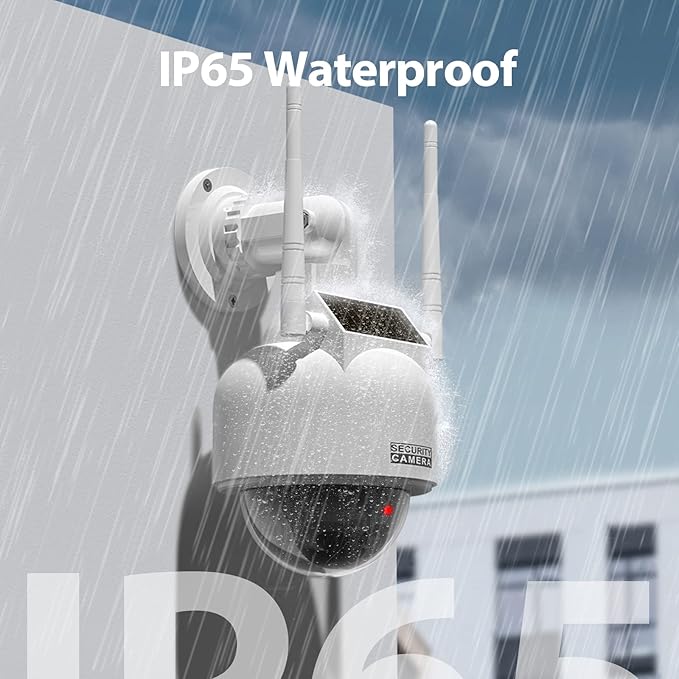 BNT Solar Dummy Fake Camera Security Outdoor, Solar Powered Simulated Surveillance Cameras with 1 Flashing Red LED Light/CCTV Sticker, Fake Dome Camera for Home.(Battery not Included)