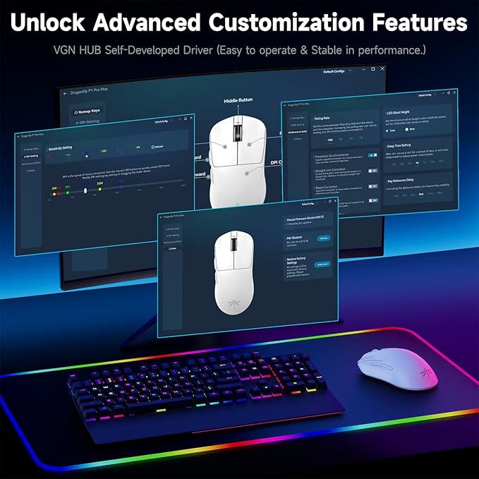 VGN F1 Pro Max Wireless Gaming Mouse - 55g Ultralight - 26000 Adjustable DPI - 1000Hz Polling Rate - 200h Battery - Wireless & Wired Mode - 6 Programmable Buttons - Professional Grade - USB-C - White