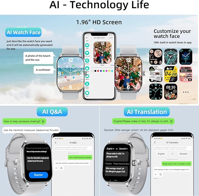 Smart Watch with AI (Built-in GPS + Map), 1.96" HD Fitness Tracker for Men Women, 100+ Sports Modes, Call/Reply/Notification, 24/7 Heart Rate & Sleep Monitor, Waterproof Smartwatch for Android iPhone