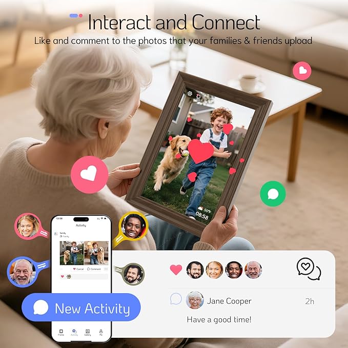 NexFoto 13.5 Inch Touchscreen Digital Picture Frame 3K Resolution, WiFi Digital Photo Frame 64GB, Add Photos from Google Photos, Easy to Share Photos/Videos via App/USB/Micro SD, Gifts for Mom, Walnut