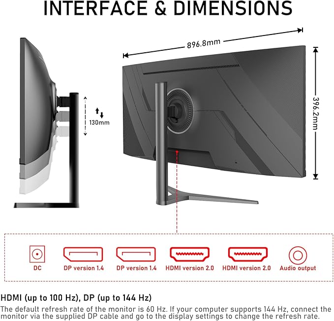 38 Inch Ultrawide Curved 144Hz Gaming Computer Monitor 2500R PC Screen 21:9 UWQHD (3840x1600),1ms,10bit,Freesync,Display Port、HDMI,Liftable Stand,Wall Mount Compatible 100 * 100mm-Black