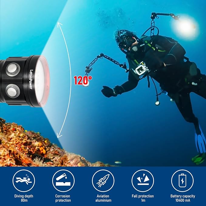 B15 Dive Light Underwater Flashlight 8000Lumens Underwater Video Lights 80m Scuba Dive Light Diving Flashlight for Under Water Sports,Underwater Video Shooting and Photography