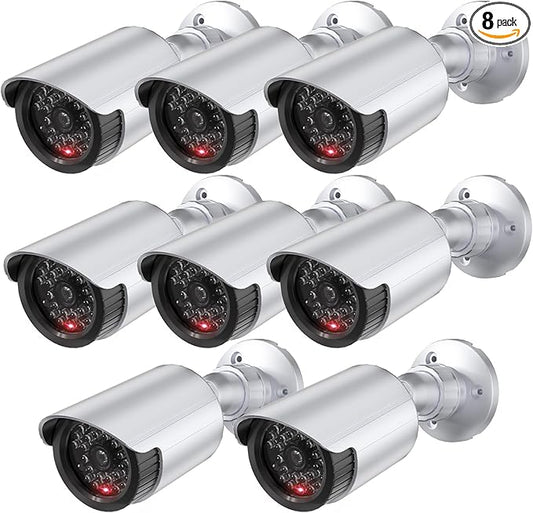 WALI Dummy Fake Simulated Surveillance Security CCTV Dome Camera Indoor Outdoor with One LED Light, Warning Security Alert Sticker Decal (TC-S8), 8 Packs, Silver